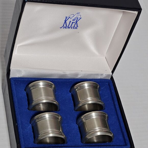 4 Vtg Kirk Stieff Pewter Napkin Rings Original Box Holiday Formal Christmas - Picture 2 of 7